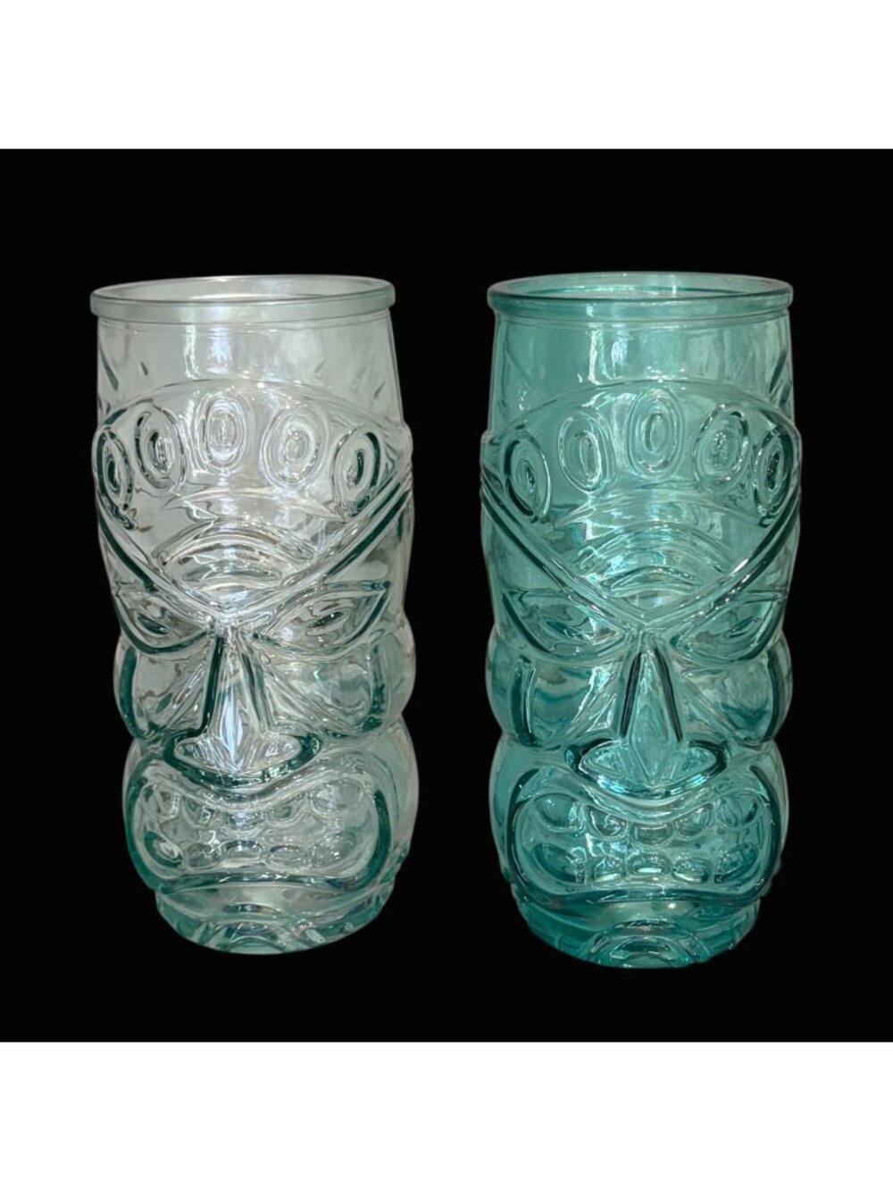 Pair of Tiki Glasses Aqua Blue Green Highball Tumblers Polynesian Barware Hawaii